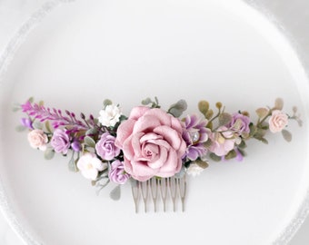 Mauve purple flower comb for wedding, light purple bridal comb, small flower hair comb, purple floral headpiece