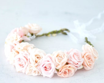 Peach blush flower crown wedding, pale rose flower wreath for hair, bridal floral headband headpiece, bride bridesmaid flower girl halo