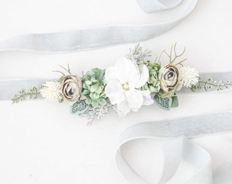 Velvet flower belt for wedding dress, flower sash for baby shower, greenery flower belt for pregnancy, flower girl belt and flower crown