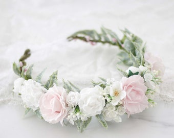 Blush rose flower crown wedding, rustic floral headband bride, blush wedding set, set of wedding accessories,