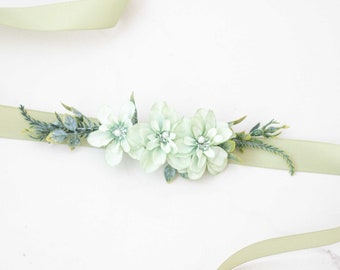 Mint sage green flower belt for wedding dress, flower sash for baby shower, flower belt for pregnancy, flower girl belt and flower crown