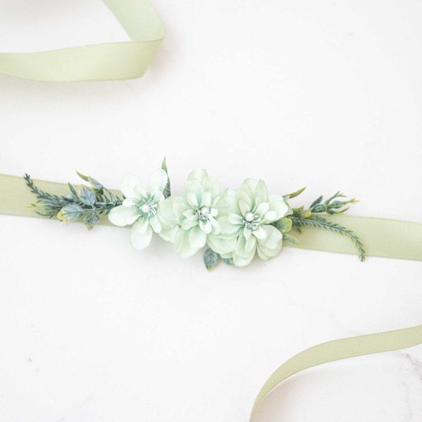 Mint sage green flower belt for wedding dress, flower sash for baby shower, flower belt for pregnancy, flower girl belt and flower crown