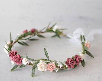 Blush burgundy flower crown wedding, dainty flower crown, boho hair wreath, bridal rustic crown, bohemian floral crown