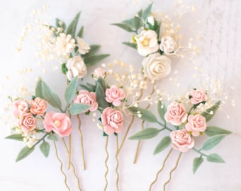 Pale pink flower pins baby's breath, set floral hair pins, blush flower bobby pins, wedding hair pin, white pink bridesmaid hair pin