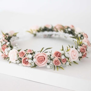 Dusty rose flower crown wedding, white baby&#39;s breath hair wreath, boho bridal headpiece, babies breath hairband, flower girl halo adjustable