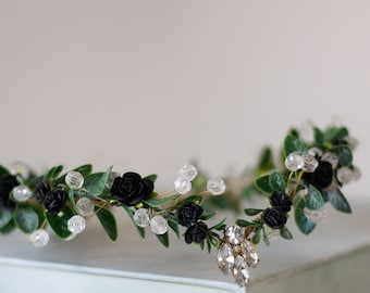 Black Flower Elven Crown: Dark Fairy Tiara Headpiece