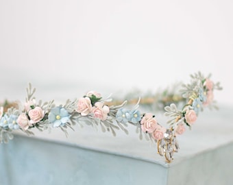 Forget me not flower crown, elven fairy crown, woodland diadem, pink blue floral crown, fairy flower tiara, elf headpiece, elvish tiara