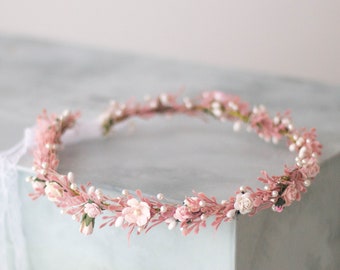 Blush pink flower crown, dainty flower crown, fine thin floral crown, rustic headband, bridal flower crown wreath, pale flower girl halo