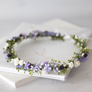 Lavender flower crown wedding, purple hair wreath, boho bride crown, floral head wreath, white bridal hair wreath