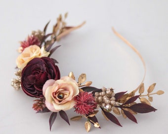 Gold burgundy flower headband, side floral crown, fall winter fascinator headband, baby shower headpiece, wreath woman, golden head piece