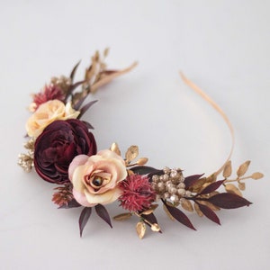 Gold burgundy flower headband, side floral crown, fall winter fascinator headband, baby shower headpiece, wreath woman, golden head piece