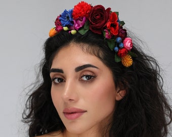 Colorful flower headband wedding, Frida Kahlo flower headpiece, mexican hair band, cinco de mayo head piece, day of the dead crown