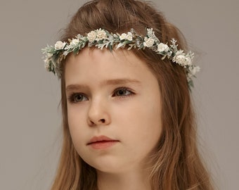 First holy communion floral crown, girls hair wreath, flower crown wedding, off white headband, dainty hair piece, flower girl halo