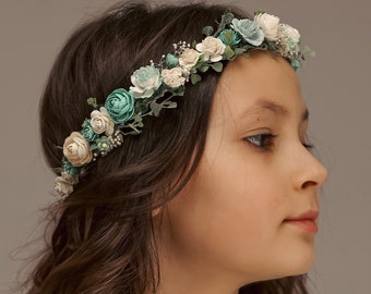 Turquoise flower crown, first holy communion headband, wedding hair wreath, flower girl halo, babies breath headband, teal hair piece