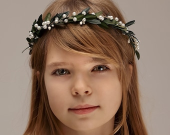 Pearl leaf crown, first holy communion headband, dried flower hair wreath, flower girl halo, green leaves headband, dainty hair piece