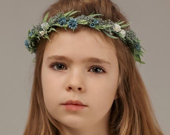 Dusty blue flower crown, first holy communion headband, wedding hair wreath, flower girl halo, babies breath headband, dainty hair piece