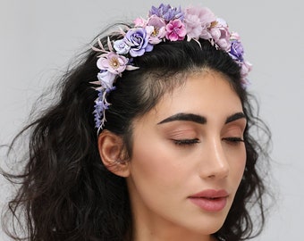 Purple flower headband wedding, lavender flower crown, purple lilac floral hairband, dainty flower head band, flower girl garland
