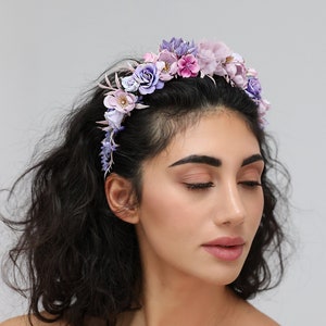Purple flower headband wedding, lavender flower crown, purple lilac floral hairband, dainty flower head band, flower girl garland