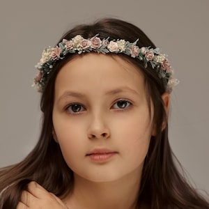 Dusty rose flower crown, first holy communion headband, wedding hair wreath, flower girl halo, babies breath headband, dainty hair piece
