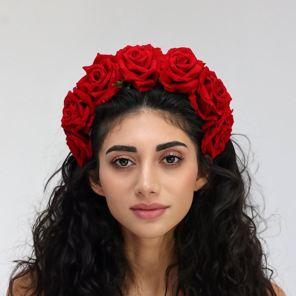 Velvet red rose flower headband, hairband with red roses, bridal flower crown, wedding red rose headpiece, festival floral crown