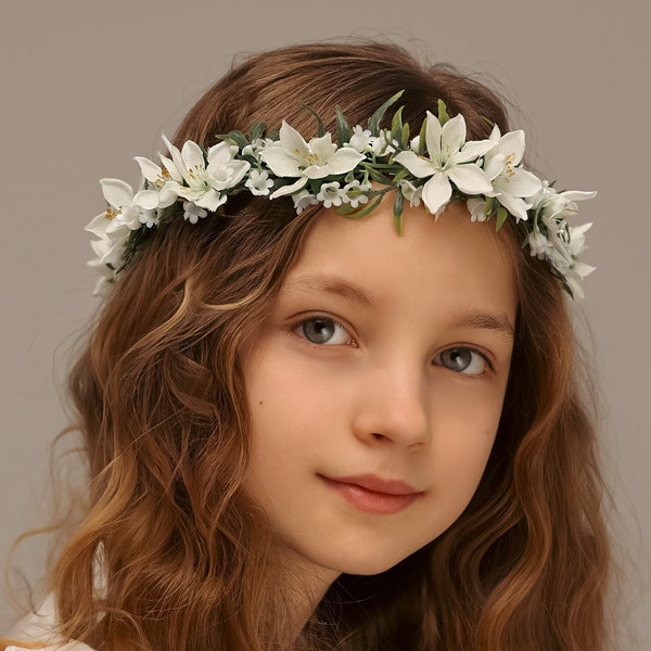 Lily of the valley flower crown, first holy communion headband, bohemian hairpiece, floral hair wreath, wedding headpiece, flower girl halo
