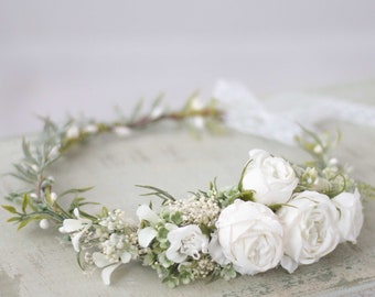 White peony flower crown wedding, white hair wreath, boho floral headband, bride bridesmaid headpiece, flower girl halo, tiara white roses