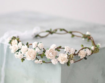 Off white flower crown wedding, first holy communion hair wreath, dainty flower headband, bride bridesmaid flower girl halo, fine headpiece