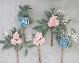 Pale blue pink flower hair pins, eucalyptus peony hair clip, wedding flower hair piece, bridal floral hair pin, pink hairpiece, hair comb