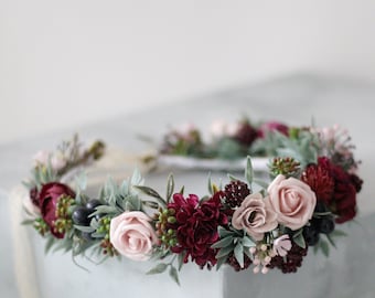 Blush burgundy flower crown wedding, woodland floral crown bride, burgundy flower wreath, flower girl halo