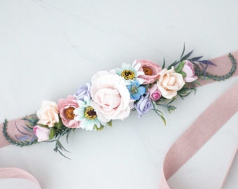 Pale pink blue flower sash for wedding dress, flower belt for baby shower, flower belt for pregnancy, flower girl belt or flower crown