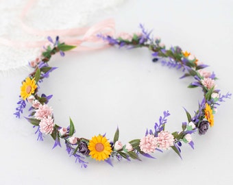 Sunflower & lavender flower crown wedding, purple lilac hair wreath, boho bride crown, purple floral head wreath, dainty flower girl halo