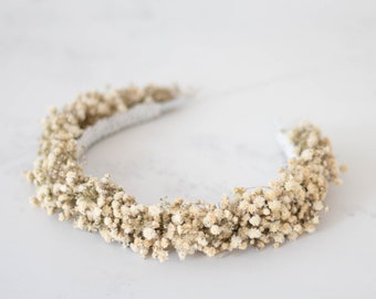 Dried babys breath flower headband, dried flower crown, preserved floral crown, ivory beige flower headband, dried plant headpiece