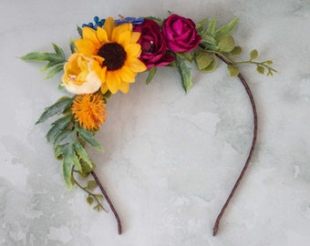 Sunflower flower headband for wedding, frida khalo headpiece, wild floral crown for bride or bridesmaids, colorful flower girl headband