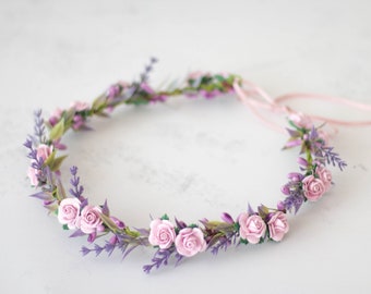 Lavender flower crown wedding, purple lilac hair wreath, boho bride crown, pale purple floral head wreath, dainty flower girl halo