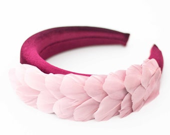 Burgundy pink feather headband, velvet padded headband, fascinator feathers, modern headdress, races hairband, bride bridesmaids hairpiece