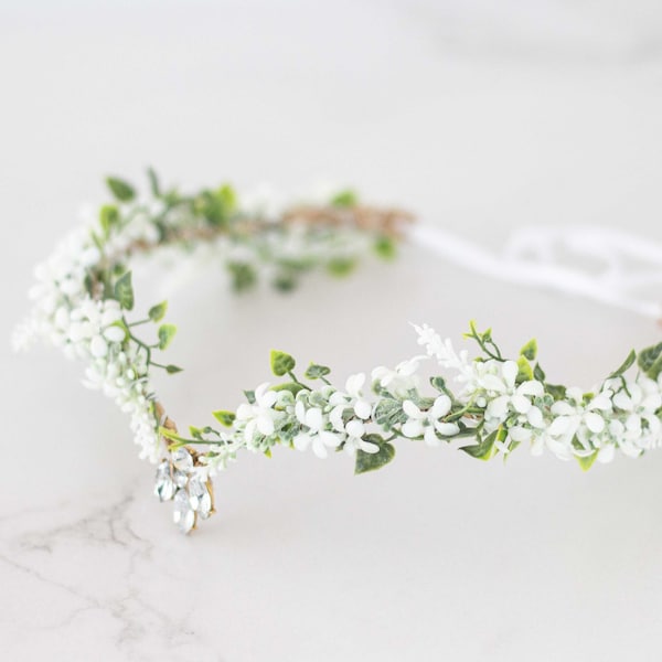 Elven tiara, white green flower crown, fairy costume, wedding floral headband, crystal elven circlet, elf headpiece, flower girl halo diadem