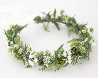 Greeny flower crown wedding, succulent flower crown, white & green flower crown, greenery floral crown, rustic headband, bridal crown wreath
