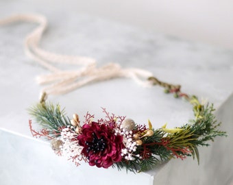 Winter flower crown, burgundy flower crown, christmas hair accessories, winter hair crown, pine cone wedding headpiece, christmas photo prop