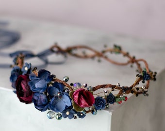 Navy blue burgundy flower crown wedding, boho bride crown, bridal rustic crown, woodland floral crown, navy flower girl halo