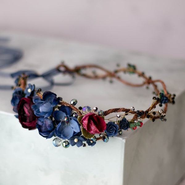 Navy blue burgundy flower crown wedding, boho bride crown, bridal rustic crown, woodland floral crown, navy flower girl halo