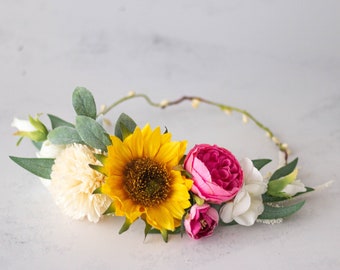 Sunflower flower crown for wedding, frida floral headband, bridal shower hair crown, mexican flower headpiece, tropical flower crown