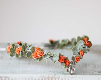 Orange flower crown with eucalyptus leaves, elven circlet, eucalyptus leaf crown, fall flower crown, woodland fairy diadem, elvish tiara