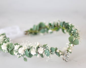 Eucalyptus flower crown wedding, elven tiara, fairy floral headband, white elvish tiara, baby's breath hair wreath, white elven circlet