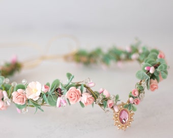 Blush pink elven tiara, eucalyptus leaves flower crown, woodland tiara, fairy crown, elf headpiece, elvish tiara, elven diadem