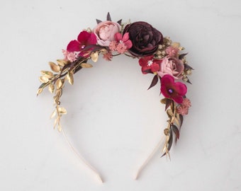 Burgundy blush flower headband, gold flower crown, gothic floral hairpiece, mauve bridesmaid headdress fascinator, bridal hair wreath halo