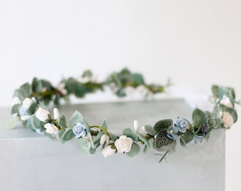 Blue white flower crown wedding, dainty floral wreath for bride or bridesmaids, flower girl halo with eucalyptus leaves, dainty hair wreath