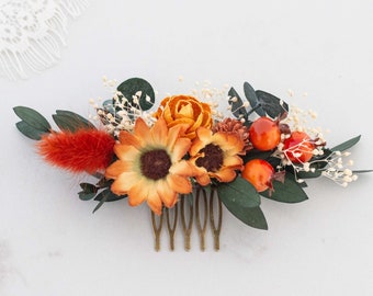 Fall flower comb wedding, sunflower hair comb, bridal floral headpiece, terracota hair pin, burnt orange hair clip, autumn wedding comb