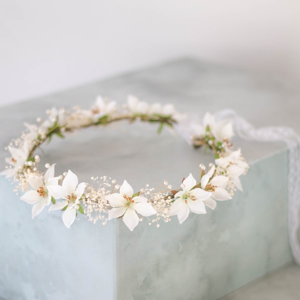 White Ivory Flower Crown: Baby's Breath Bridal Headband, Adjustable