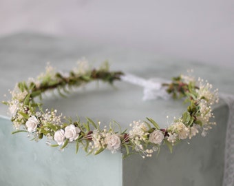 White ivory flower crown wedding, dried baby's breath flower crown, wedding floral crown, rustic wedding headband