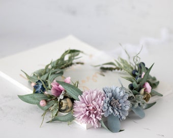 Flower crown for women, boho hair wreath, purple gray wild floral headband, wedding photo props, bridesmaids crowns, flower girl halo